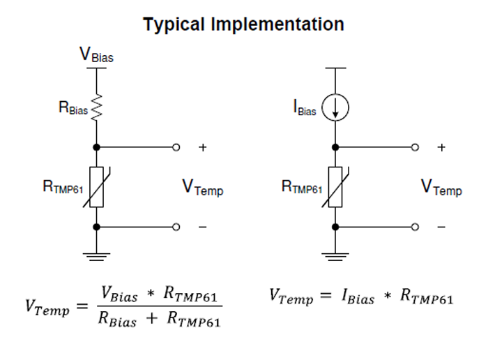 2.作為電阻組件，可以使用電壓源（左）或電流源（右）來驅(qū)動熱敏電阻。實際上，大多數(shù)電壓驅(qū)動電路使用比例布置來消除源漂移的影響